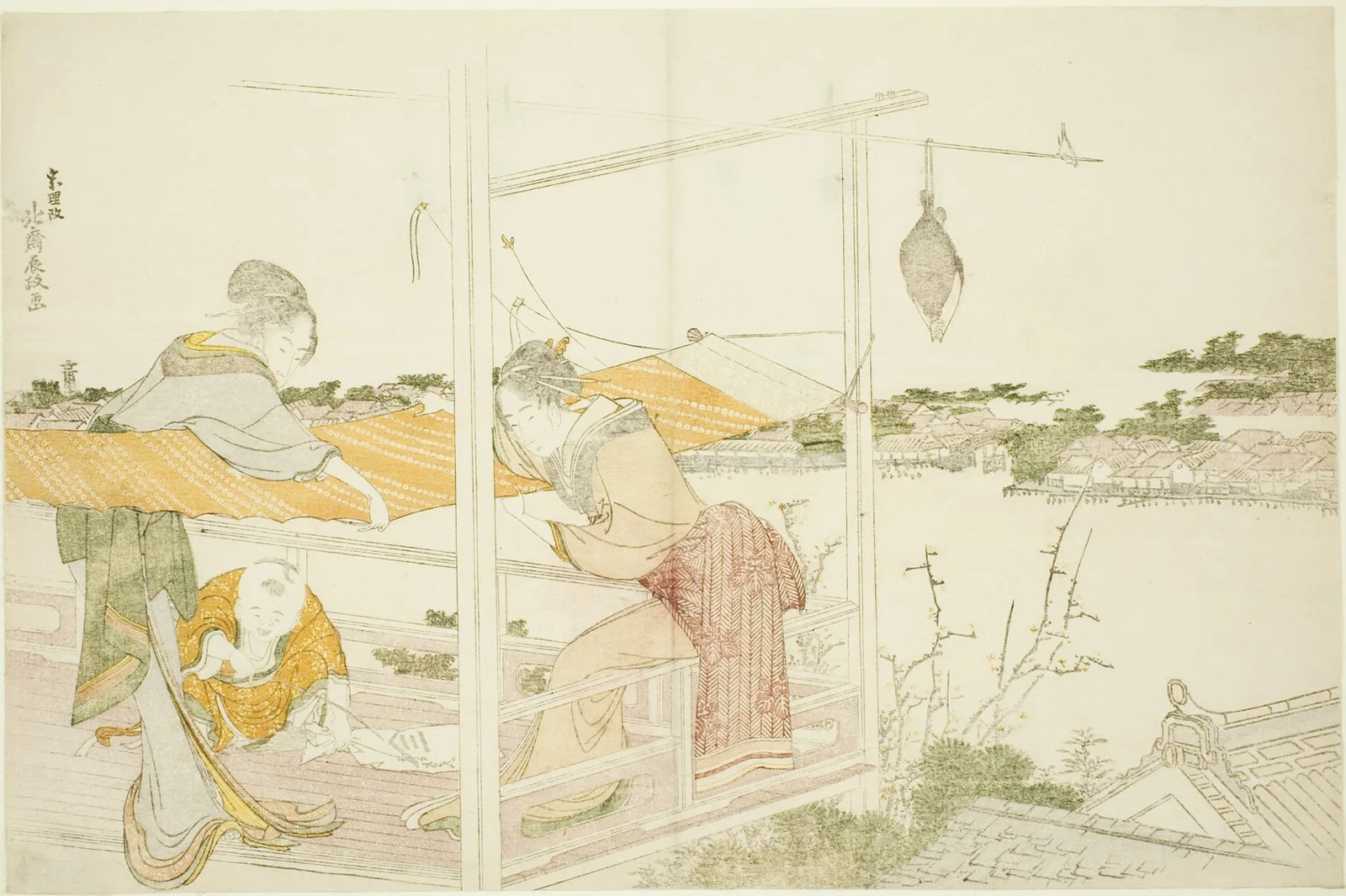 Women on a Veranda Stretching Cloth to Dry