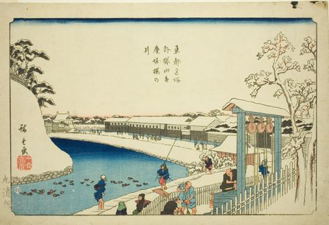 Cherry Well on the Benkei Moat outside Sakurada (Soto Sakurada Benkeibori sakura no i), from the series "Famous Places in the Eastern Capital (Toto meisho)"
