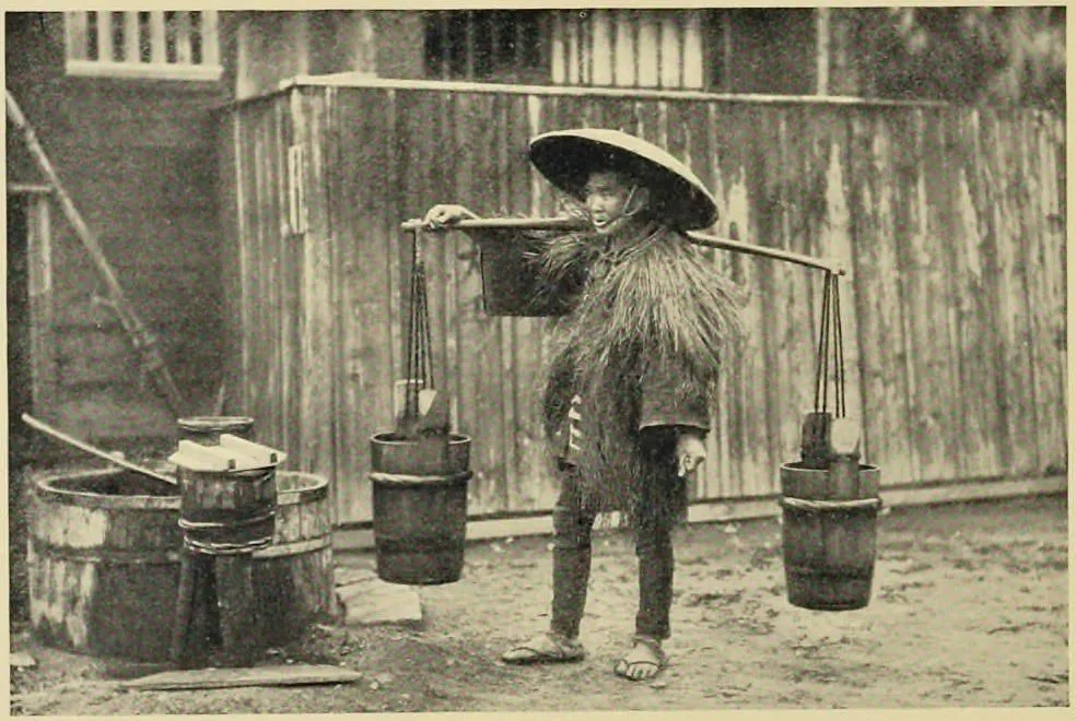 Water-carrier Filling His Pails at a Well in a Side Street in Kyoto (Japan: Described and Illustrated by the Japanese, Section 10, leaf 23)