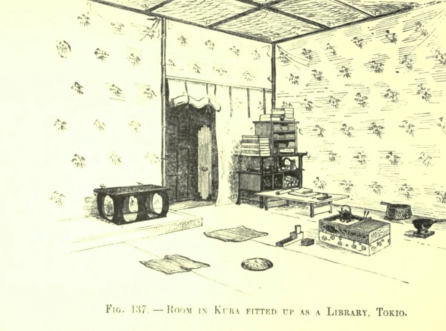 Fig. 137. ROOM IN KURA FITTED UP AS A LIBRARY, TOKIO (Japanese Homes and Their Surroundings)