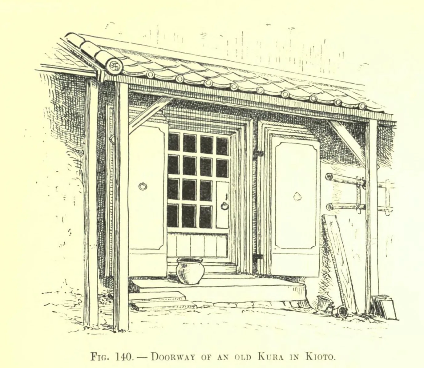 Fig. 140. DOORWAY OF AN OLD KURA IN KIOTO (Japanese Homes and Their Surroundings)