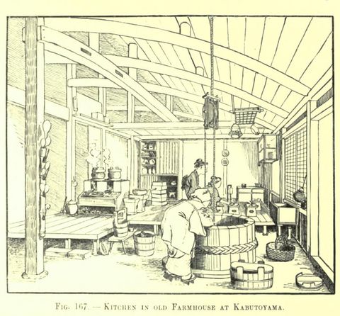 Fig. 167. KITCHEN IN OLD FARMHOUSE AT KABUTOYAMA (Japanese Homes and Their Surroundings)
