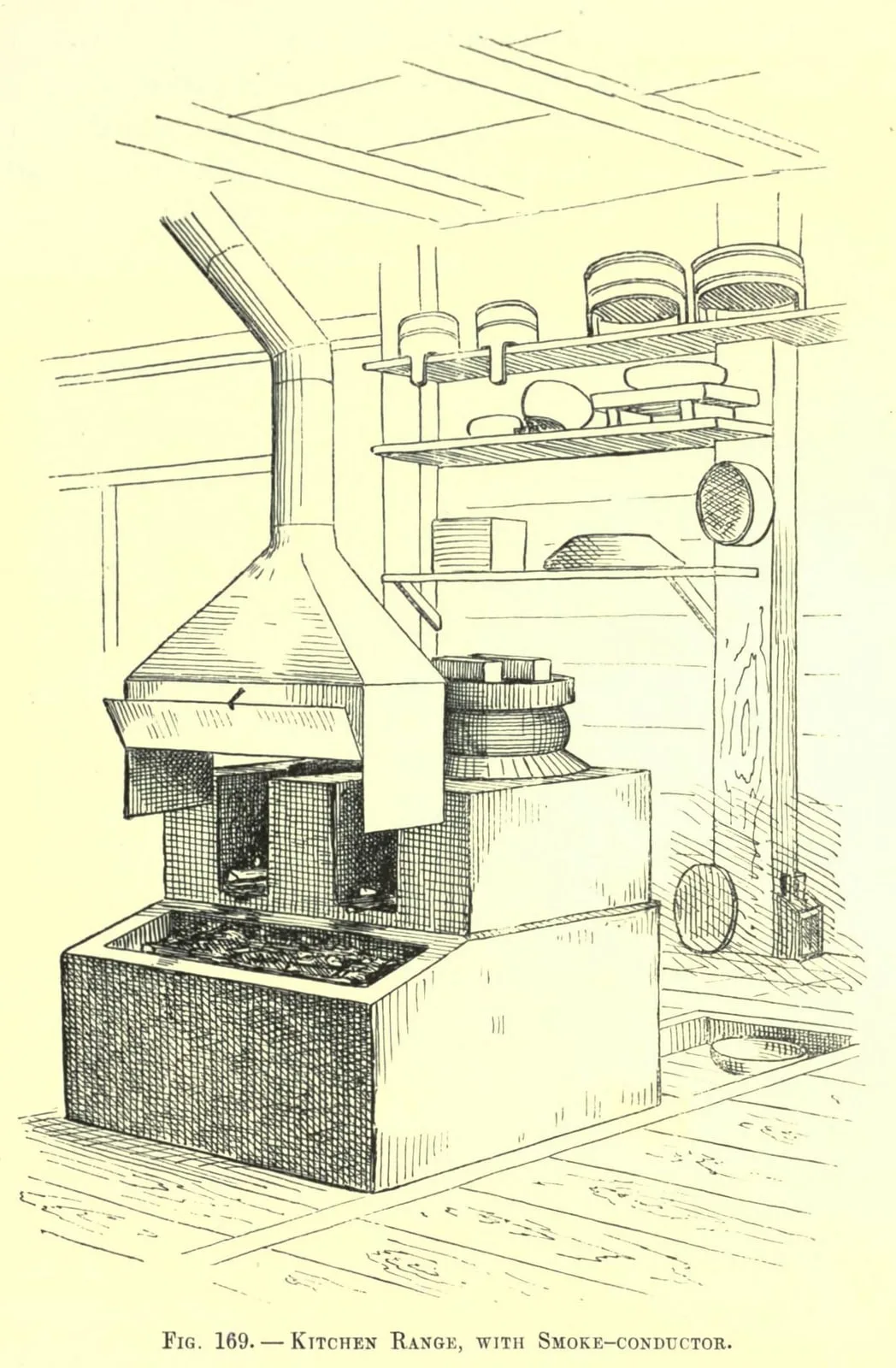 Fig. 169. KITCHEN RANGE, WITH SMOKE-CONDUCTOR (Japanese Homes and Their Surroundings)