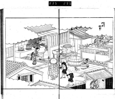 町家の裏の釣瓶井戸と物干し（江戸名所圖會）