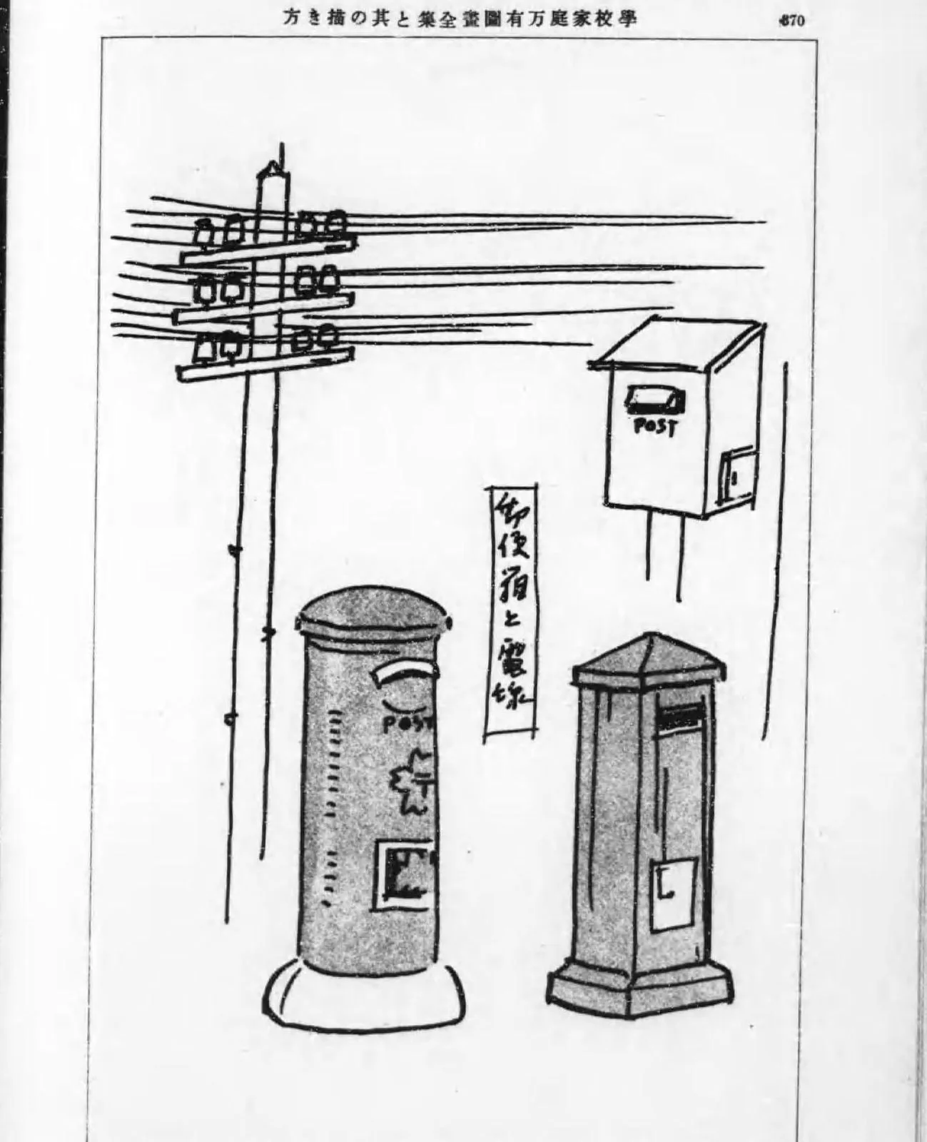 丸ポスト・角の柱函・掛函と電柱の描き方の手本（学校家庭万有図画全集と其の描き方）