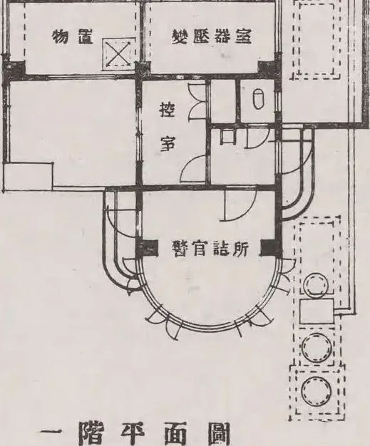 築地市場の警官派出所の平面図（半円の警官詰所と控室）（東京市中央卸売市場築地本場・建築図集）