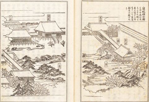 寝殿造の全景（見開き）（宮殿調度図解）
