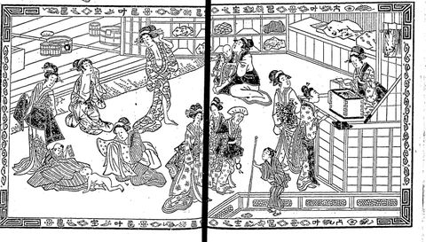 女湯の脱衣場と番台（諢話浮世風呂）