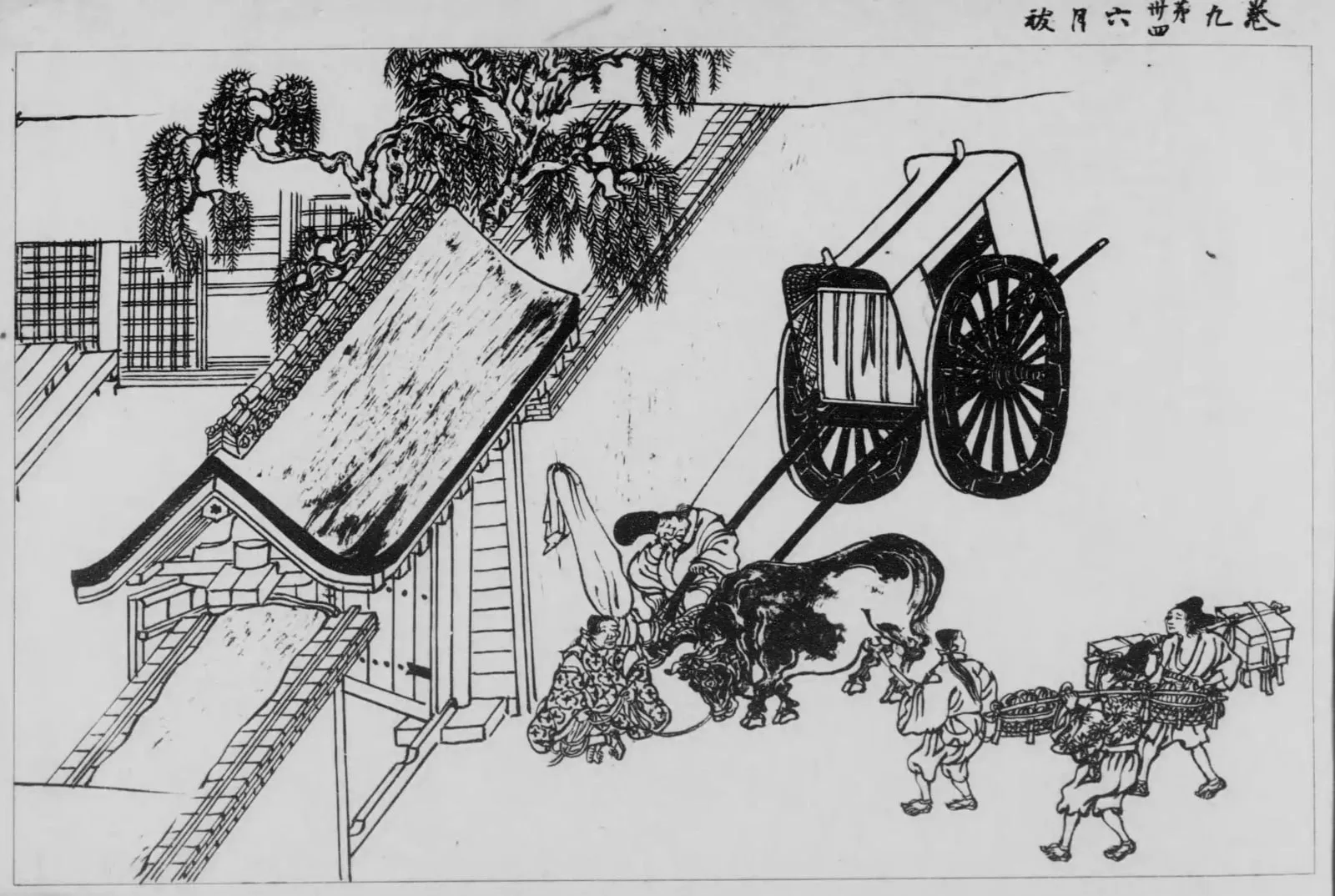 門前に止めた牛車（年中行事絵巻考 巻9）